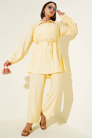 Gömlek Yaka Bel İp Kuşaklı İkili Takım Tereyağ Sarısı - İkili Takım