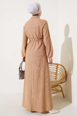 	 Gömlek Yaka Bel Tünelli Bürümcük Elbise Bisküvi - Tesettür Elbise