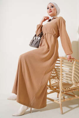	 Gömlek Yaka Bel Tünelli Bürümcük Elbise Bisküvi 