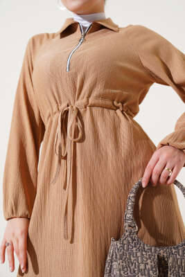 	 Gömlek Yaka Bel Tünelli Bürümcük Elbise Bisküvi - Tesettür Elbise