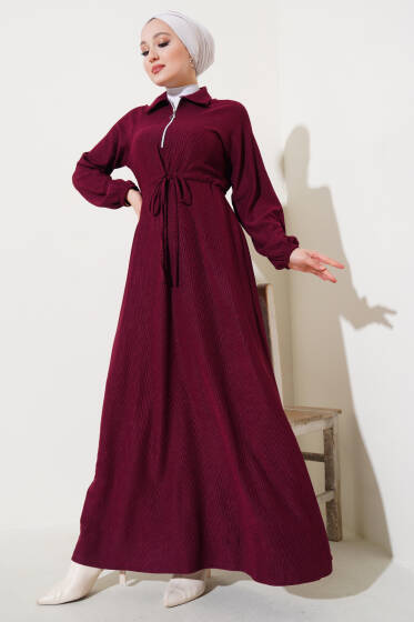 Gömlek Yaka Bel Tünelli Bürümcük Elbise Bordo - Elbise