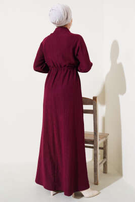 Gömlek Yaka Bel Tünelli Bürümcük Elbise Bordo - Tesettür Elbise