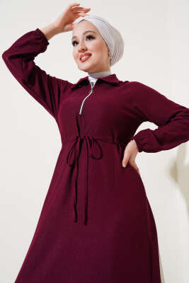 Gömlek Yaka Bel Tünelli Bürümcük Elbise Bordo - Tesettür Elbise