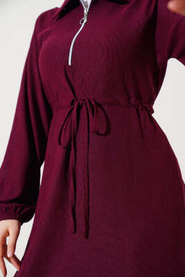 Gömlek Yaka Bel Tünelli Bürümcük Elbise Bordo - Tesettür Elbise