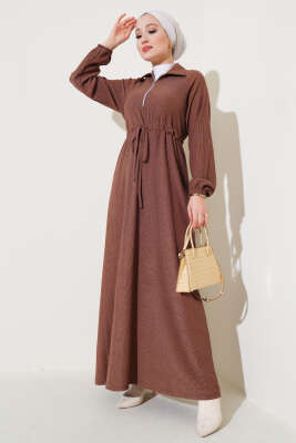 Gömlek Yaka Bel Tünelli Bürümcük Elbise Kahve - Tesettür Elbise