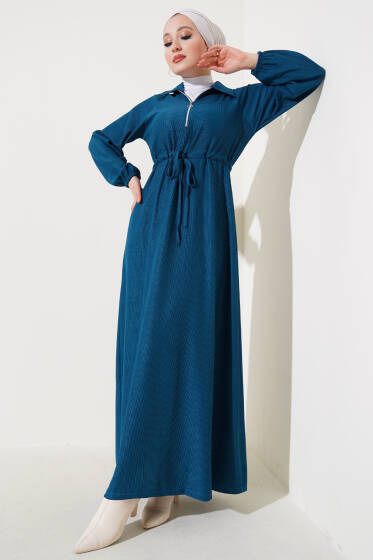 Gömlek Yaka Bel Tünelli Bürümcük Elbise Petrol - Elbise