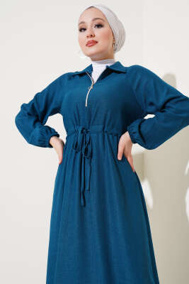 Gömlek Yaka Bel Tünelli Bürümcük Elbise Petrol - Tesettür Elbise