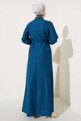 Gömlek Yaka Bel Tünelli Bürümcük Elbise Petrol - Tesettür Elbise