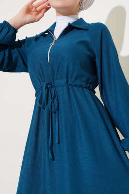 Gömlek Yaka Bel Tünelli Bürümcük Elbise Petrol - Tesettür Elbise