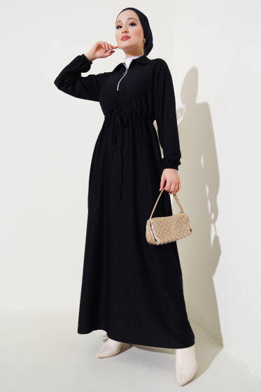 Gömlek Yaka Bel Tünelli Bürümcük Elbise Siyah - Elbise