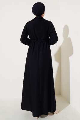 Gömlek Yaka Bel Tünelli Bürümcük Elbise Siyah - Tesettür Elbise