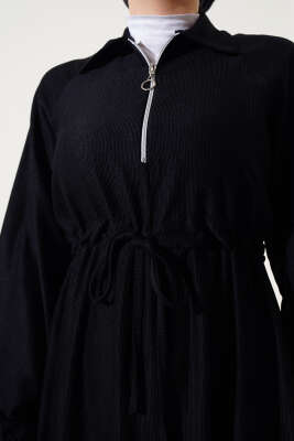 Gömlek Yaka Bel Tünelli Bürümcük Elbise Siyah - Tesettür Elbise