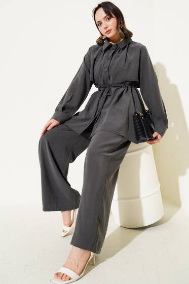 Gömlek Yaka Beli Tünelli Tencel İkili Takım Füme - İkili Takım