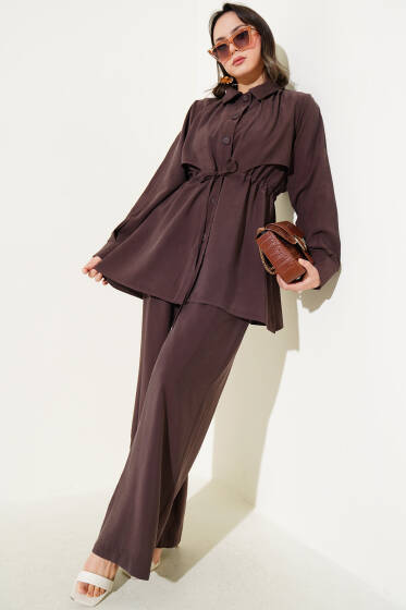 Gömlek Yaka Beli Tünelli Tencel İkili Takım Kahve - İkili Takım