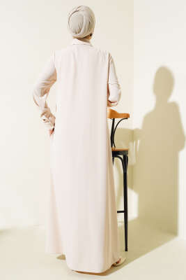 Gömlek Yaka Boy Düğmeli Salaş Elbise Bej - Tesettür Elbise