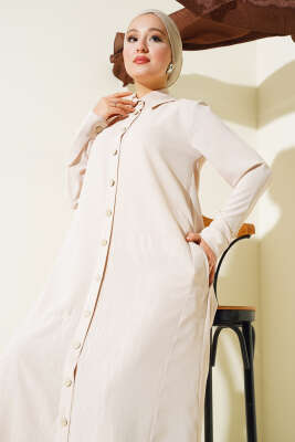 Gömlek Yaka Boy Düğmeli Salaş Elbise Bej - Tesettür Elbise