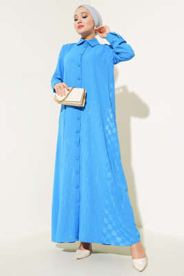 Gömlek Yaka Boy Düğmeli Salaş Elbise Mavi 