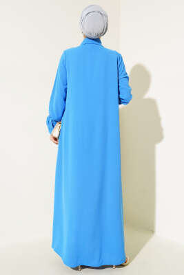 Gömlek Yaka Boy Düğmeli Salaş Elbise Mavi - Tesettür Elbise