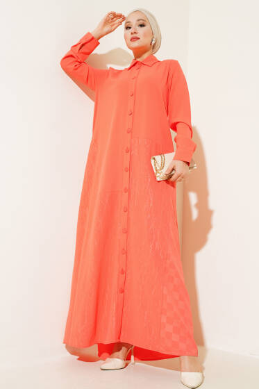 Gömlek Yaka Boy Düğmeli Salaş Elbise Somon - Elbise