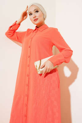 Gömlek Yaka Boy Düğmeli Salaş Elbise Somon - Tesettür Elbise