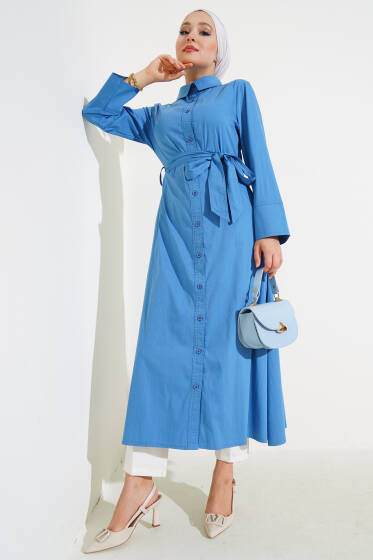 Gömlek Yaka Boy Düğmeli Tunik Indıgo - Tunik