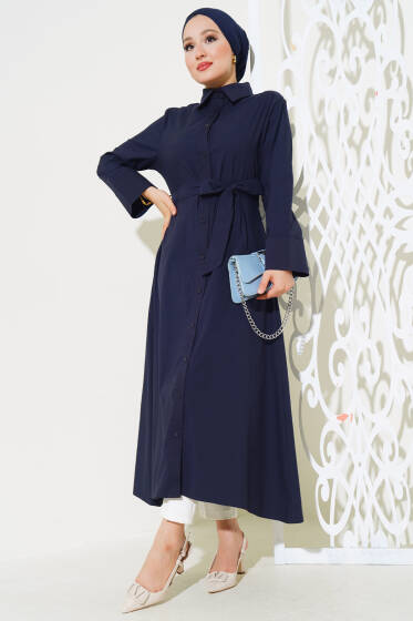 Gömlek Yaka Boy Düğmeli Tunik Lacivert - Tunik