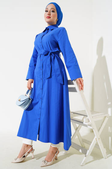 Gömlek Yaka Boy Düğmeli Tunik Saks - Tunik