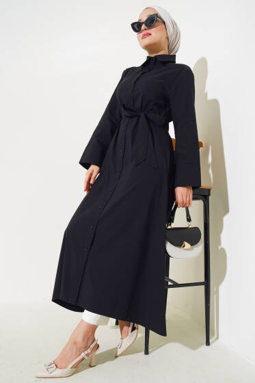 Gömlek Yaka Boy Düğmeli Tunik Siyah - Tunik