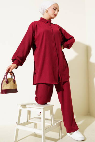 Gömlek Yaka Bürümcük İkili Takım Bordo - İkili Takım