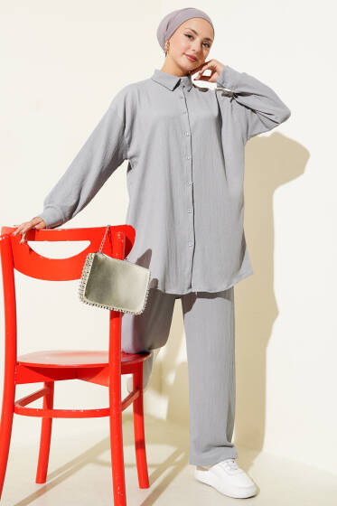 Gömlek Yaka Bürümcük İkili Takım Gri - İkili Takım