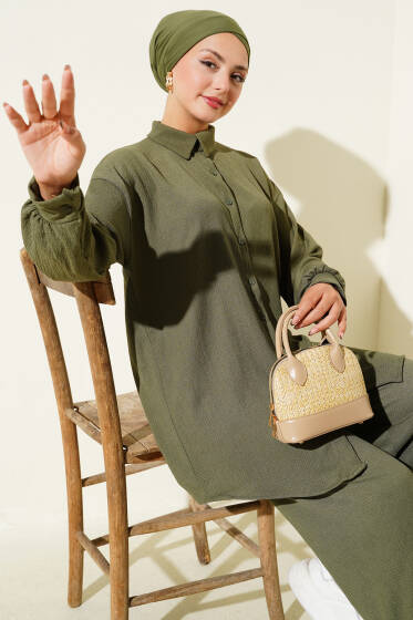 Gömlek Yaka Bürümcük İkili Takım Haki - İkili Takım