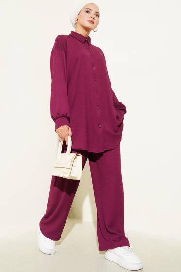 Gömlek Yaka Bürümcük İkili Takım Mürdüm - İkili Takım