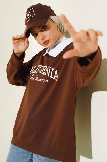 Gömlek Yaka California Baskılı Sweatshirt Kahve - Tunik