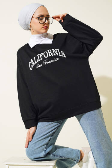 Gömlek Yaka California Baskılı Sweatshirt Siyah - Tunik