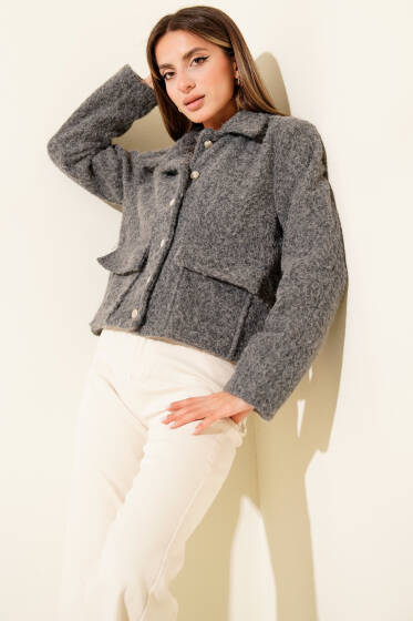 Gömlek Yaka Cepli Kısa Kaşe Ceket Füme - Kadın Giyim Modelleri