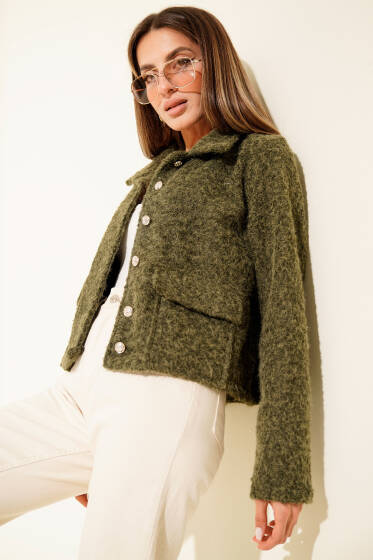 Gömlek Yaka Cepli Kısa Kaşe Ceket Haki - Kadın Giyim Modelleri