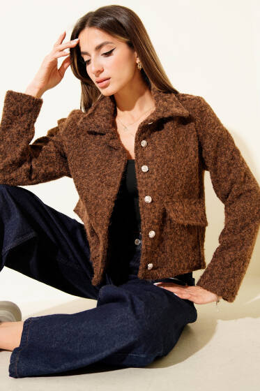 Gömlek Yaka Cepli Kısa Kaşe Ceket Kahve - Kadın Giyim Modelleri