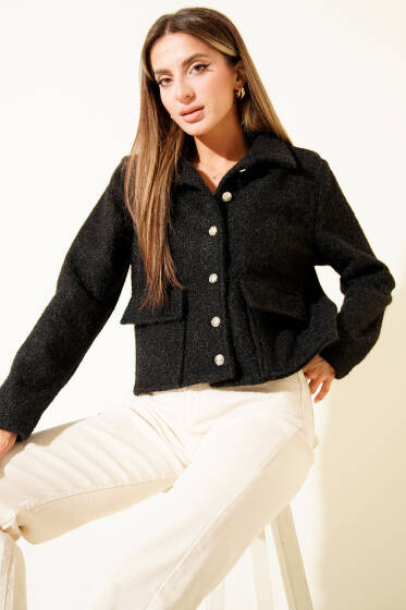 Gömlek Yaka Cepli Kısa Kaşe Ceket Siyah - Kadın Giyim Modelleri
