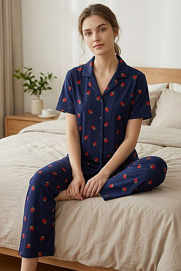 Gömlek Yaka Çilek Baskılı Kısa Kol Pijama Takımı Lacivert - Pijama