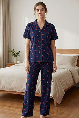 Gömlek Yaka Çilek Baskılı Kısa Kol Pijama Takımı Lacivert - Pijama