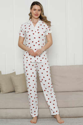 Gömlek Yaka Çilekli Kısa Kol Pijama Takımı Beyaz - Pijama