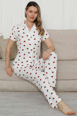 Gömlek Yaka Çilekli Kısa Kol Pijama Takımı Beyaz - Pijama