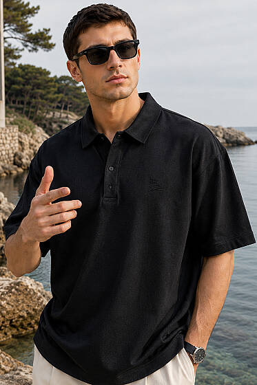 Gömlek Yaka Çıtçıtlı Erkek T-shirt Siyah - Erkek T-shirt