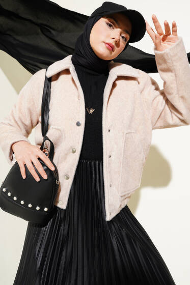 Gömlek Yaka Çıtçıtlı Kısa Ceket Bej - Ceket