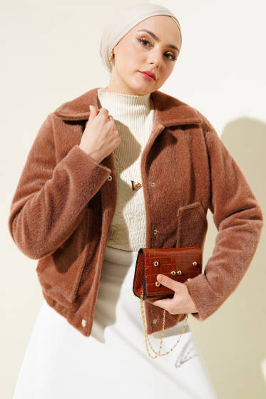 Gömlek Yaka Çıtçıtlı Kısa Ceket Camel - Ceket