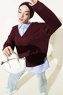 Gömlek Yaka Çizgi Garnili Loyşa Tunik Bordo - HELLIE