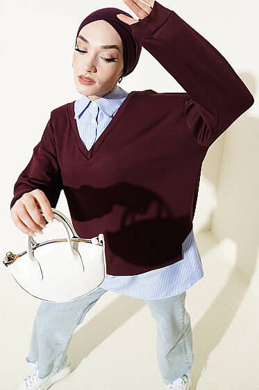 Gömlek Yaka Çizgi Garnili Loyşa Tunik Bordo - Tunik