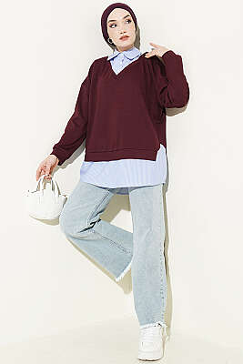 Gömlek Yaka Çizgi Garnili Loyşa Tunik Bordo - Tunik