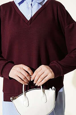 Gömlek Yaka Çizgi Garnili Loyşa Tunik Bordo - Tunik