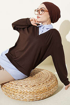 Gömlek Yaka Çizgi Garnili Loyşa Tunik Kahve - HELLIE